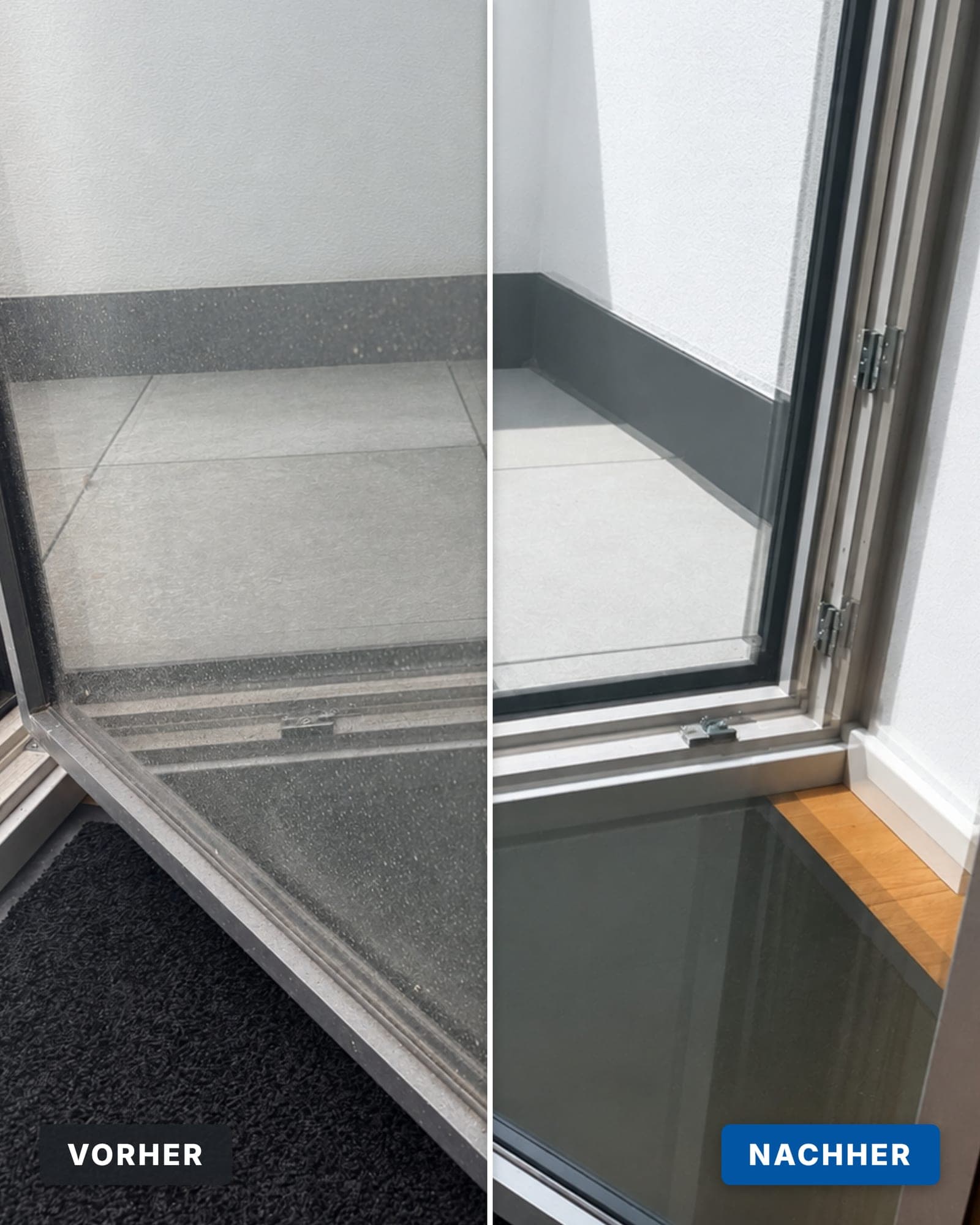 Vorher-Nachher-Vergleich einer Fensterreinigung: links verschmutzte, milchige Scheibe, rechts streifenfrei gereinigtes Glas